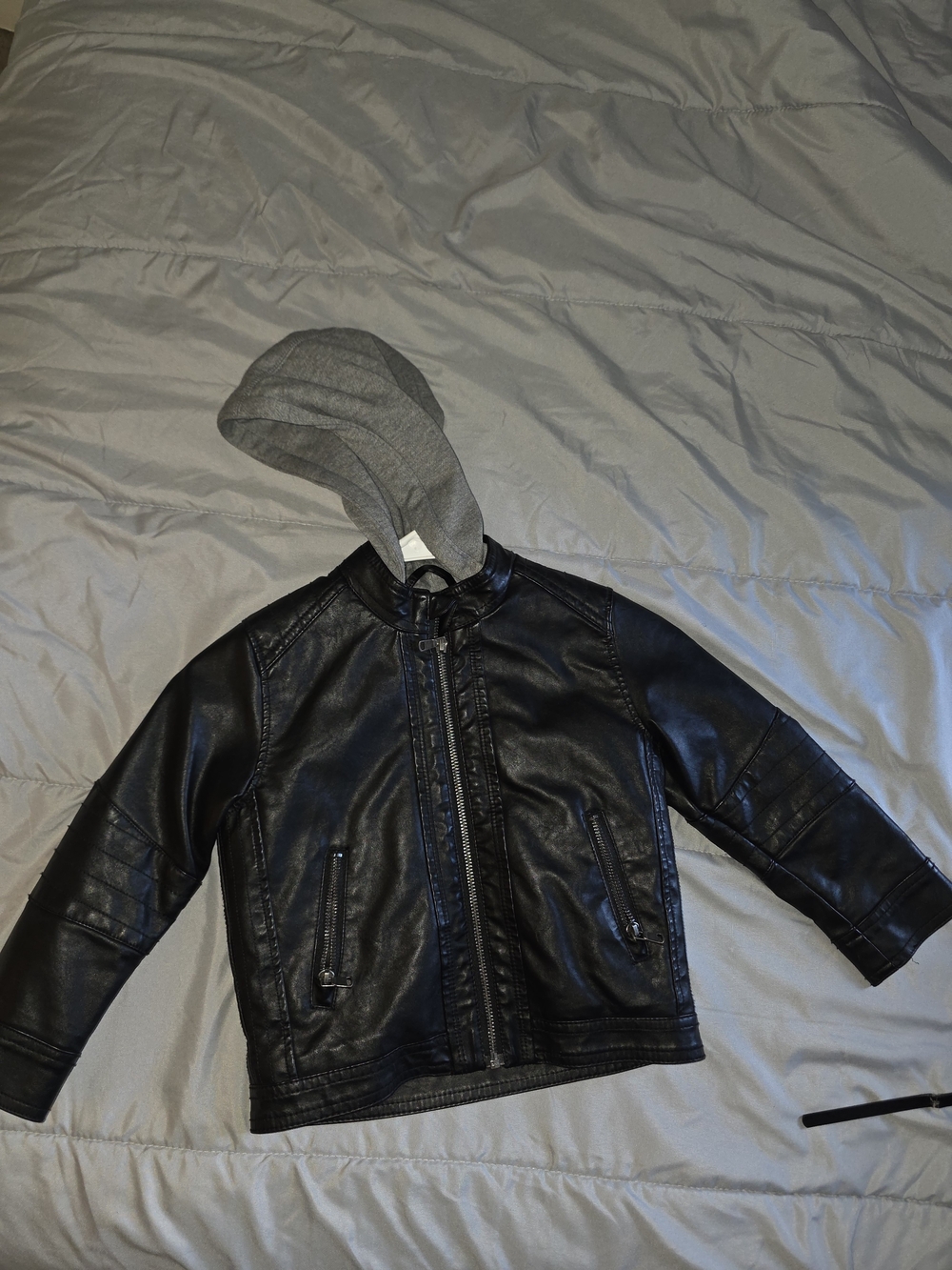 H&M Black Faux Leather Kids Jacket with Gray Hood